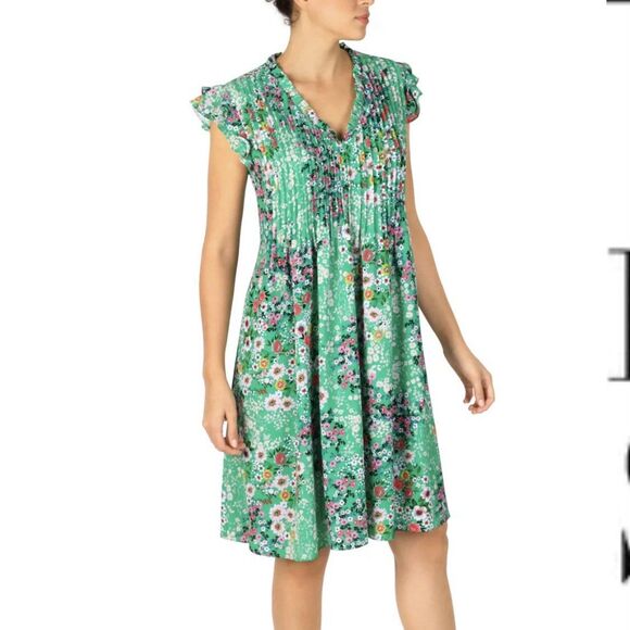 Julia Jordan Floral Ruffle Neck Short Sleeve Green Pink Midi Dress Size 14 NEW - Picture 1 of 16